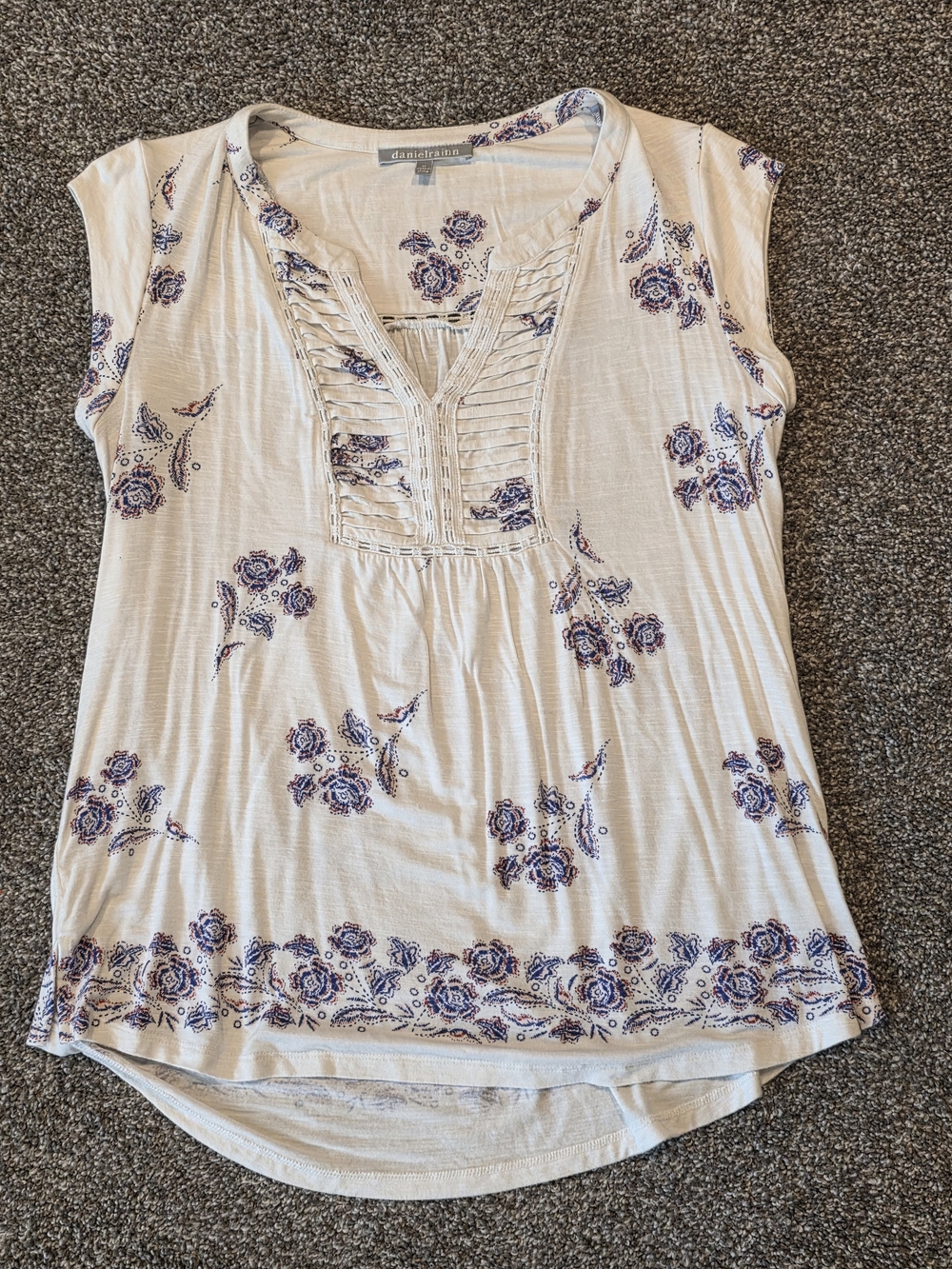 Daniel Rainn Cream Top with Blue Floral Pintuck V-Neck